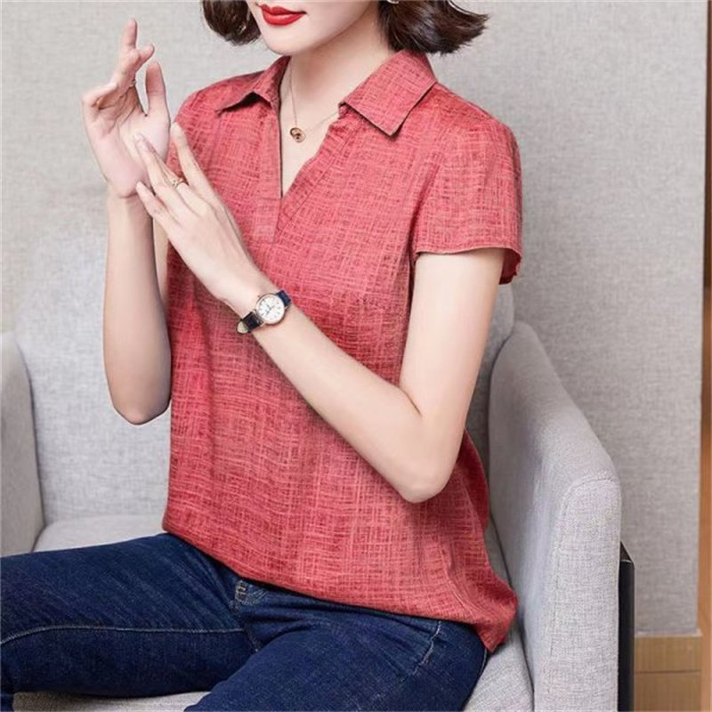 棉麻上衣女洋气时尚中年妈妈装大码宽松显瘦夏季遮肚V领短袖T恤女 - 图0