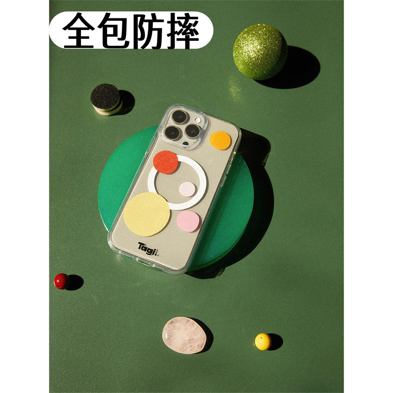糖果彩绘波点磁吸硬壳适用于15Promax亚克力14莓果樱桃Tagi手绘彩色13透明保护套iPhone12全包手机壳简约防摔