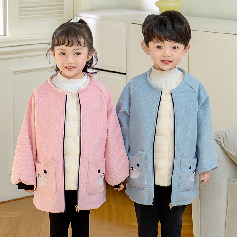 Boys' coat smock 2025 new style velvet thickened reverse hooded baby protective clothing painting apron children's bib
