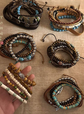 2026波西米亚复古檀木蝴蝶皮质手链女天然石叠戴个性高颜值学生党