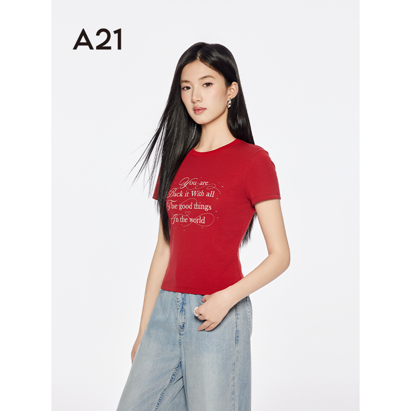 A21女装印花字母圆领薄款T恤2025夏季新款简约短款修身套头上衣 - 图0