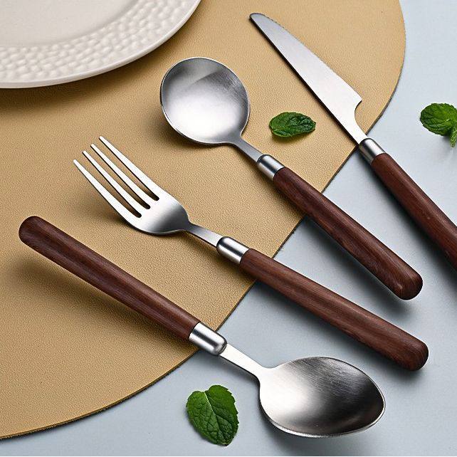 新款食品304不锈钢精致勺子胡桃木纹手柄日式高颜值刀叉勺四件套,淘宝优惠券,粉丝福利购,淘宝优惠卷