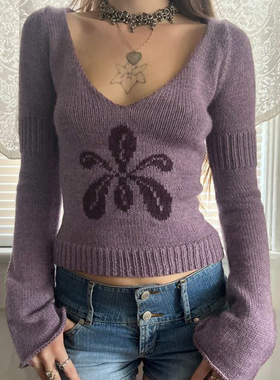 Purple sweater for women 慵懒V领毛织上衣紫色温柔风长袖毛衣女