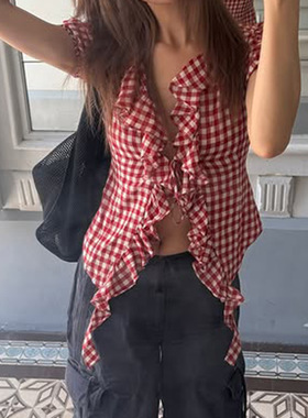 French red checkered shirt top 法式红色格子衬衫女泡泡短袖T恤