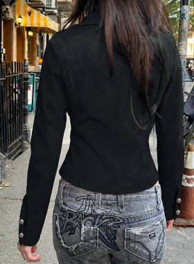 Sexy women's outf 立领修身黑色排扣夹克小众个性显瘦重工外套女