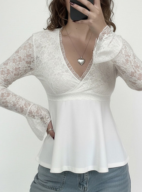 Sexy woman's white T-shirt 性感女人风交叉蕾丝拼接白色长袖T恤