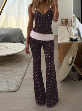 Sexy women's outf 欧美休闲波点修身吊带背心+微喇长裤居家套装