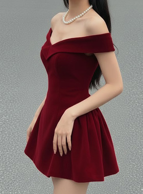 Christmas Red Princess Dress 一字肩蝴蝶结圣诞红色公主连衣裙