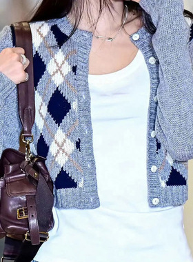 College style woolen jacket 学院风灰色菱形格毛织外套上衣女