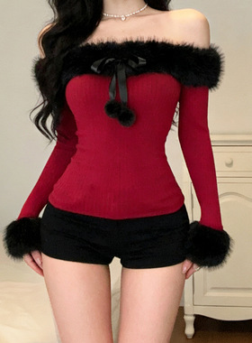 One shoulder Christmas red top一字肩圣诞红色拼毛上衣长袖打底