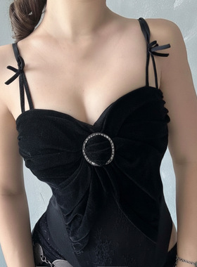 Black velvet lace camisole vest 黑色丝绒蕾丝蝴蝶结吊带背心女