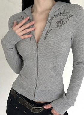 Sexy women's outf 美式复古灰色花卉刺绣连帽开衫女修身短款外套