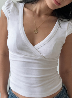White Cross V-neck T-shirt 辣妹白色百搭T恤交叉V领泡泡袖上衣