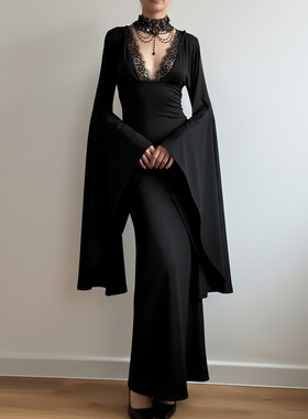 Gothic style flared sleeve dress哥特风大喇叭袖连衣裙露背长款