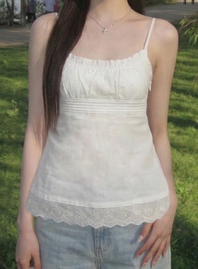 Lace white camisole vest简约白色吊带背心女纯欲花边法式小上衣