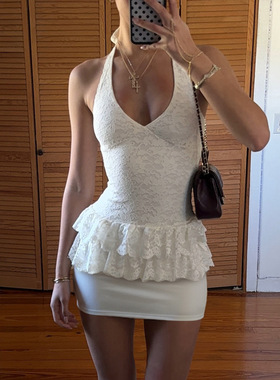 White lace patchwork neck vest辣妹白色蕾丝拼接挂脖系带背心女