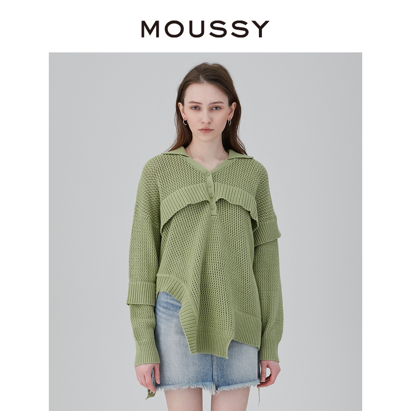 MOUSSY 2023夏季不规则下摆开叉落肩毛衣针织衫010GS270-0330 - 图0