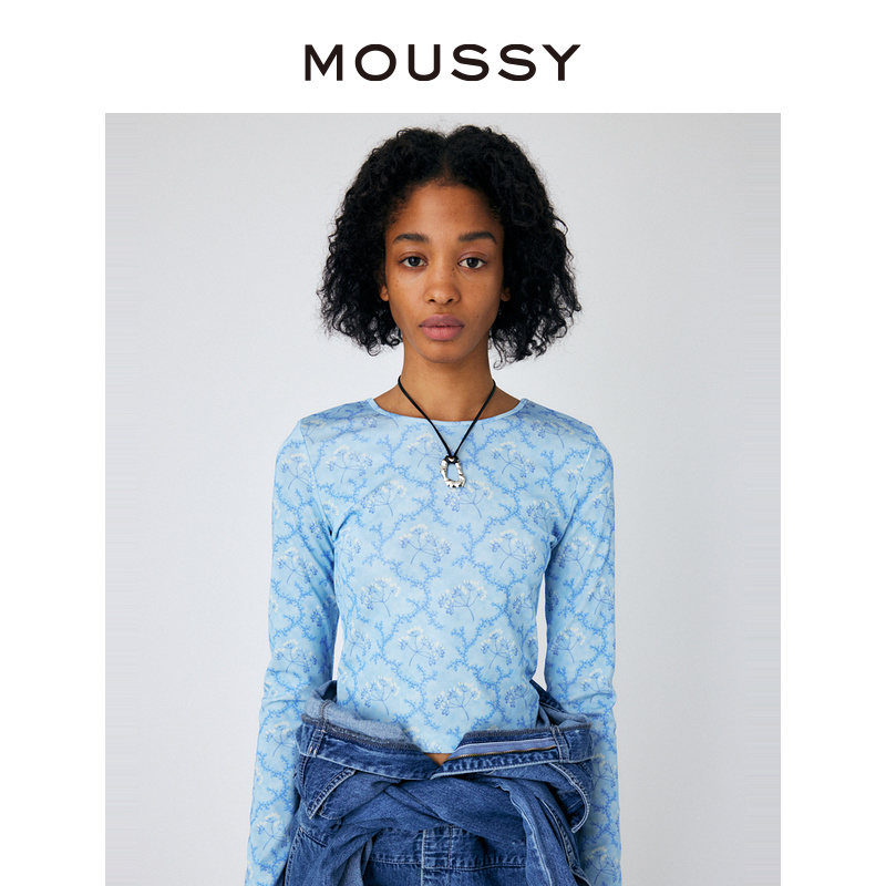 MOUSSY 冬季新品复古花纹图案修身短款针织衫女010GSS80-0840 - 图0