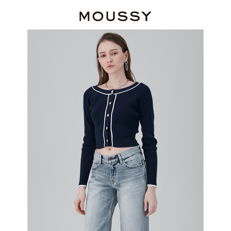 MOUSSY 2023夏季成熟风撞色修身短款针织开衫女010GS270-0680 - 图1