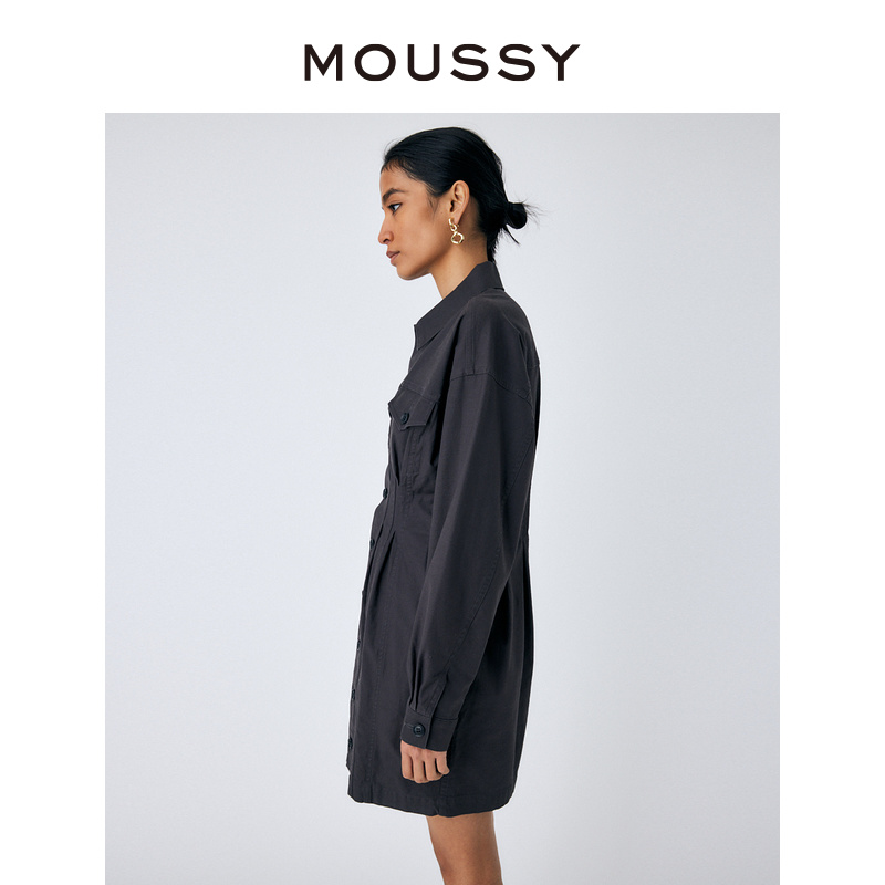 MOUSSY 2023冬季新品收腰泡泡袖简约通勤衬衫连衣裙010GSC30-2200 - 图1