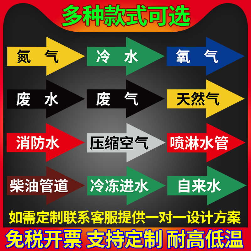 管道流向标识贴消防箭头贴化工管道标识介质流向指示色环标示标签反光膜进水压缩空气蒸汽天然气管路提示贴纸-图0