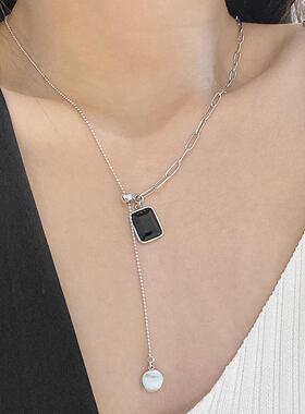 黑色锆石流苏项链925银几何抽拉式可调节锁骨链女ins冷淡风潮