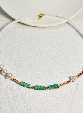 波西米亚风项链女夏玛瑙绿色半宝石时尚手工锁骨颈链饰品