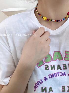 2023新品韩国东大门新款糖果彩色串珠小花笑脸爱心项链锁骨链女