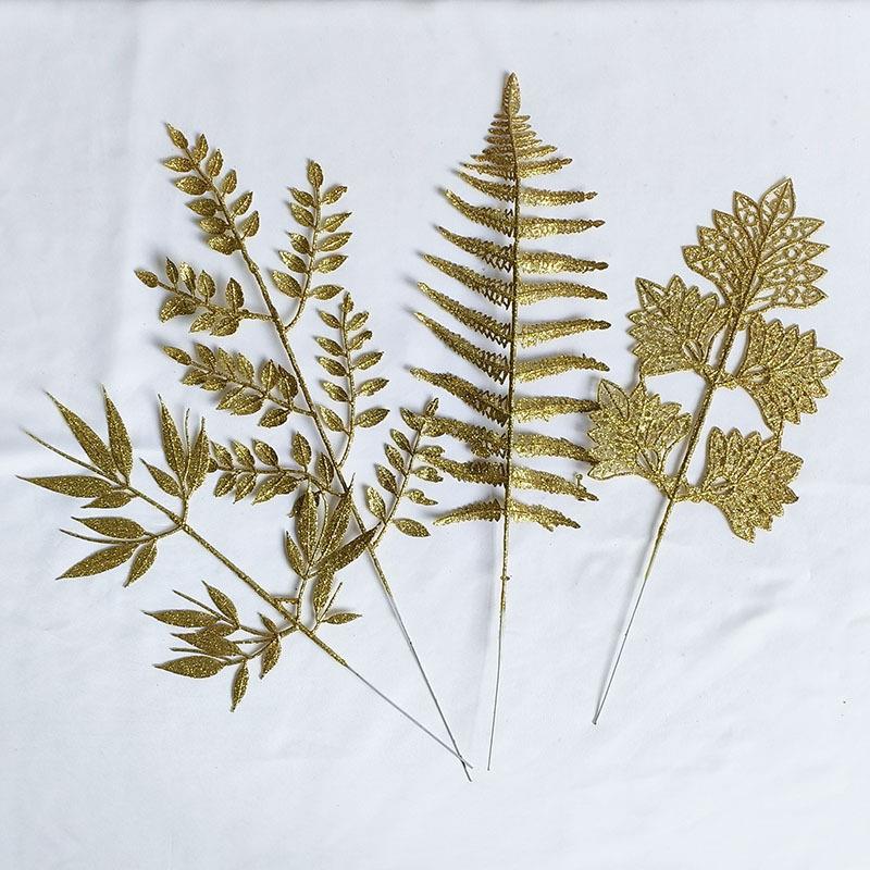 直供圣诞金粉叶片节庆装饰假树叶仿真植物金葱粉树枝金色叶子