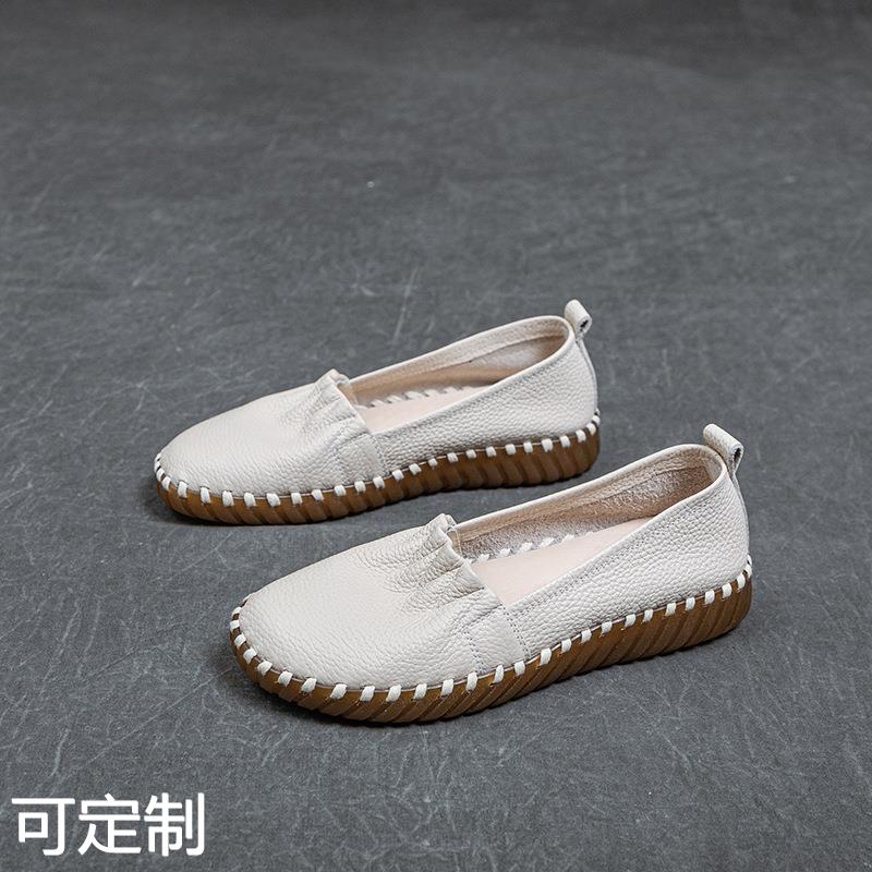 527-1头层牛皮小白鞋女软底软面孕妇妈妈鞋一脚蹬休闲缝包单鞋