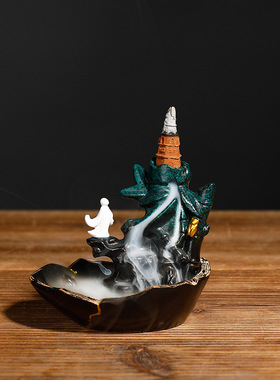 新品陶瓷烟倒流香薰炉 创意瓦片高山流水文竹倒流炉家居摆件定制