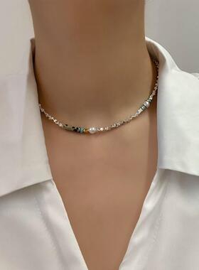 春夏复古轻奢小众绿色石头碎银子项链女2025年新款复古串珠锁骨链