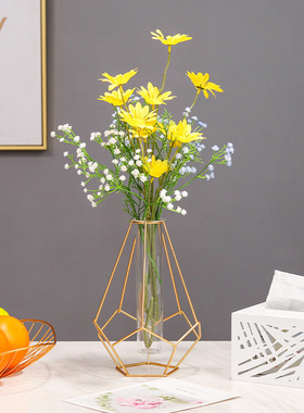 北欧ins铁艺几何透明玻璃装饰花瓶 家居桌面干花植物插花花瓶摆件