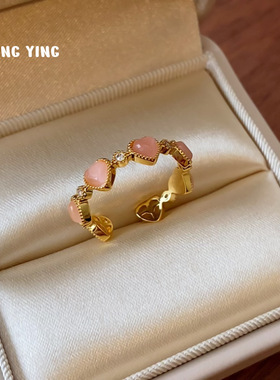 甜美粉色猫眼石爱心开口戒指女小众设计高级感指环时尚个性指环