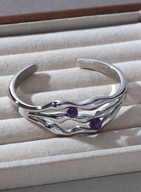 原创设计时尚个不规则多层线条镶嵌紫色宝石个性独特轻奢创意手镯