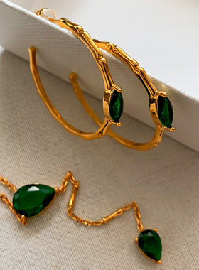 长款祖母绿色火彩宝石锆石吊坠项链女夏高级感轻奢小众锁骨链颈链