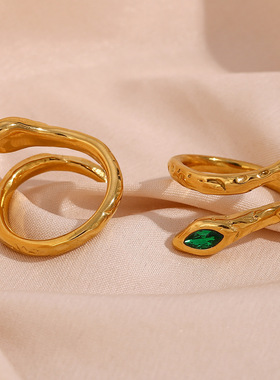 欧美ins时尚个性简约指环饰品不锈钢镀金不规则表面开口蛇形戒指