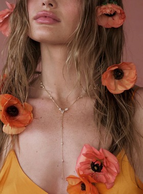 欧美夏季沙滩简约高级金属创意Y形流苏镶嵌水滴锆石锁骨气质项链