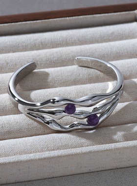 原创设计时尚个不规则多层线条镶嵌紫色宝石个性独特轻奢创意手镯