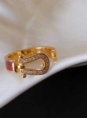 简约时尚轻奢珐琅滴釉马蹄扣开口可调节戒指女小众高级感手饰指环