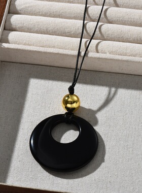 欧美独特潮流月亮石黑玛瑙吊坠编织绳毛衣链个性ins时尚百搭项链