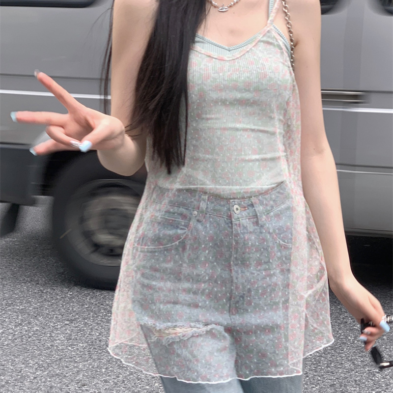 清新仙女叠穿碎花网纱小背心美背吊带打底上衣夏季显白显瘦两件套 - 图2