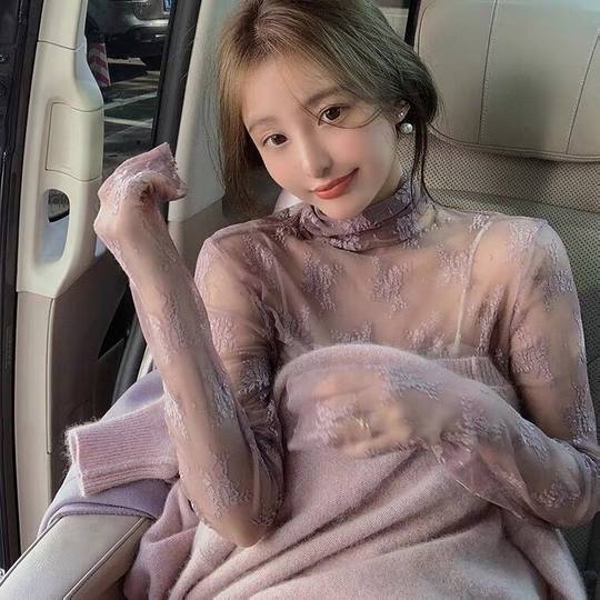早秋气质女装设计感上衣蕾丝打底衫女内搭洋气半高领网纱雪纺小衫