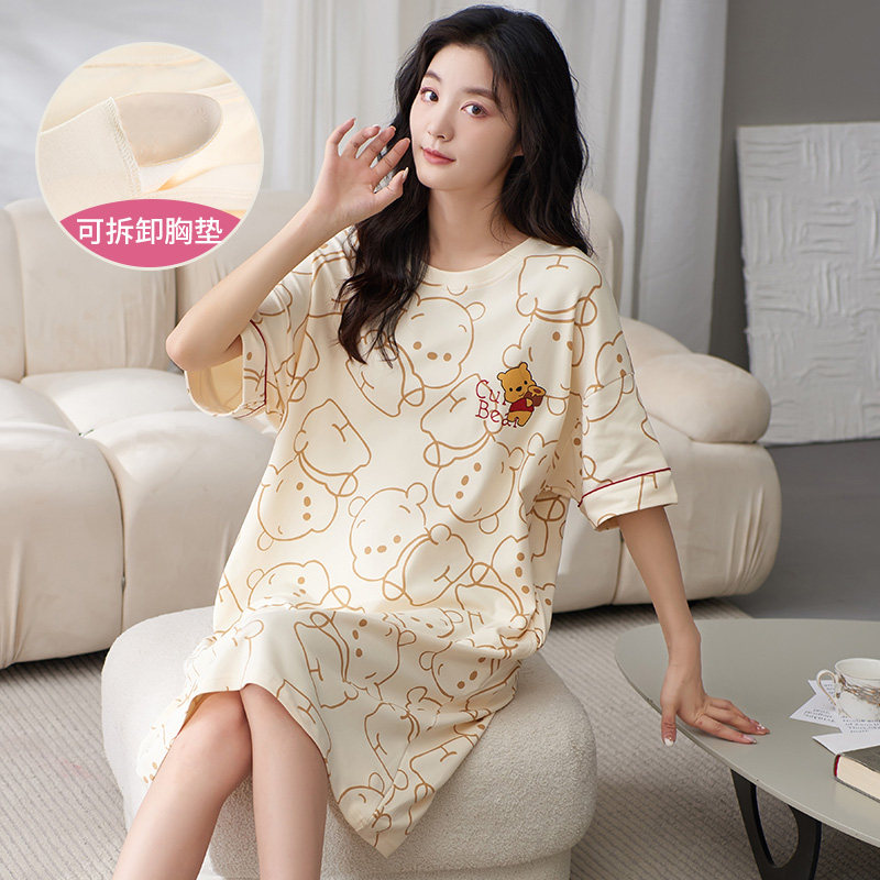 自带胸垫一体式纯棉夏季文胸胖睡裙 花氧内衣睡裙