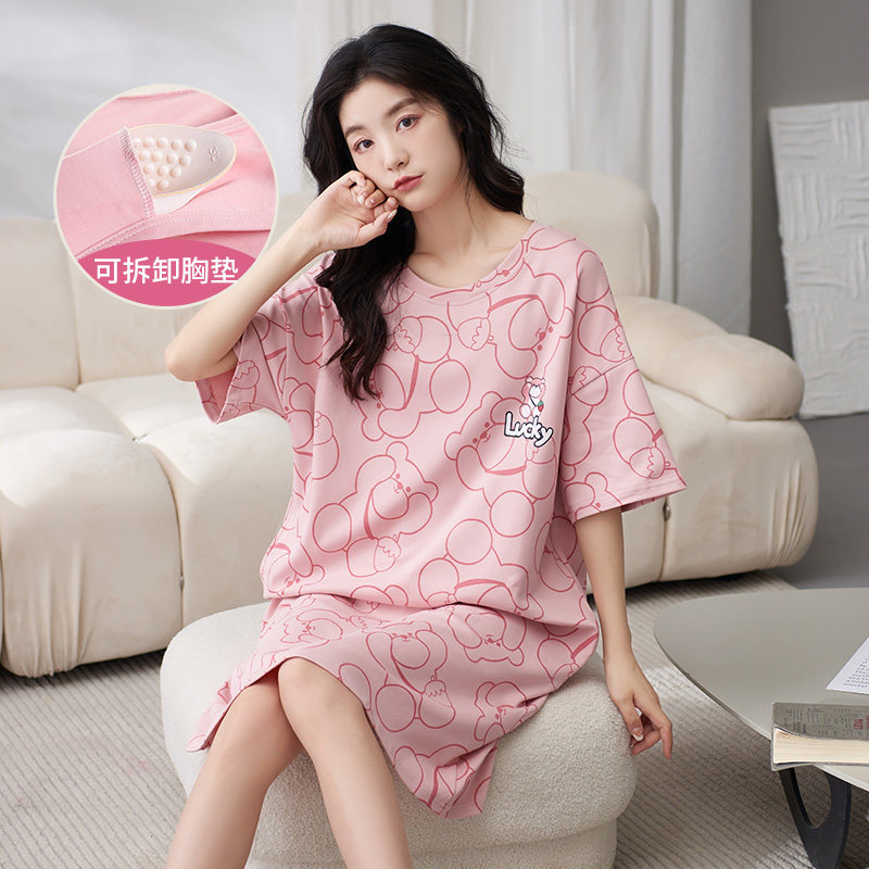 自带胸垫一体式纯棉夏季文胸胖睡裙 花氧内衣睡裙