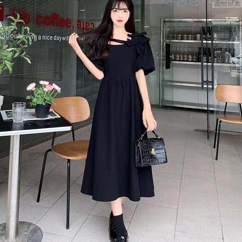 HZA法式赫风胖泡泡袖连衣裙夏女季大码妹妹收腰显瘦黑色减龄长本