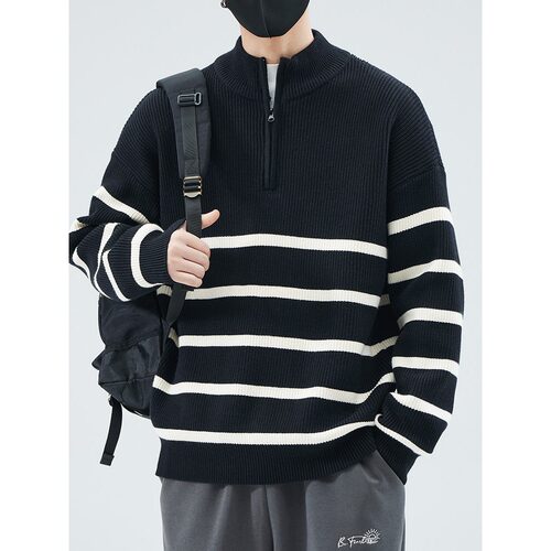 WH先生黑白条纹立领半拉链毛衣男秋季休闲内搭慵懒风套头针织衫高 - 图2