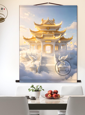 仙家南天门丝绸挂画仙境亭台楼阁背景佛道仙玄关画墙壁画卷轴挂图