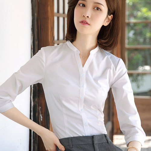 v领白衬衫女职业正装夏季七分袖通勤修身立领衬衣大码4S店工作服 - 图0