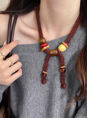 秋冬毛线串珠花朵项链女2025新款